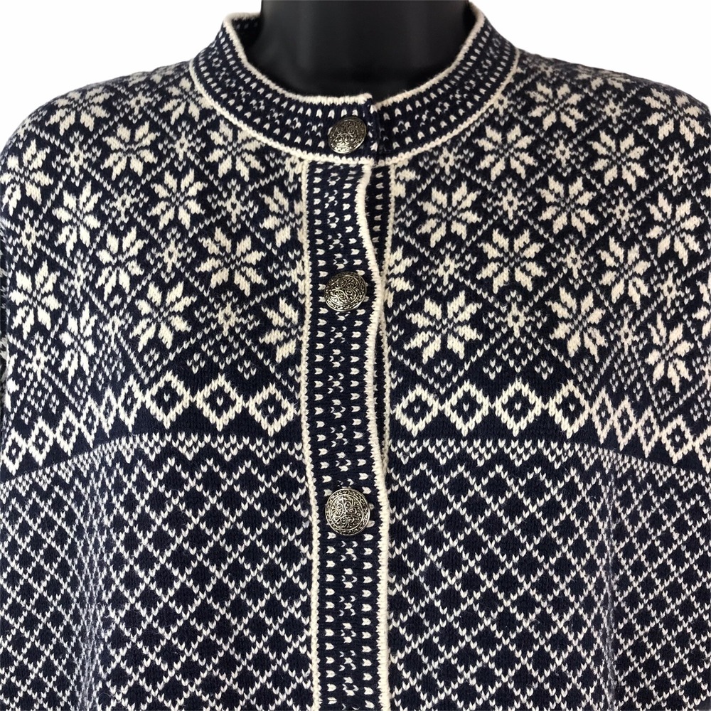 CHELSEA GARDENS Sz Med Nordic Fair Isle Blue Women's Cardigan Metal Buttons Vtg - Picture 5 of 8